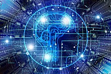 An artistic representation of AI where a cross section of a human head. And brain in profile is: mixed with a circuit like background and overlay