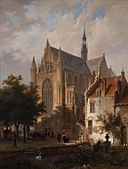 Het uitgaan van de kerk in Leiden (1846), door zijn vader Bart, met figuren door Huib