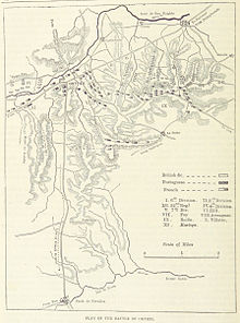 Un mapa de la Batalla de Orthez está impreso en negro sobre un fondo marrón claro.