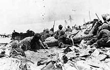 Japanese defenders launched a series of banzai attacks against the dug-in Marines of 1/6 during the tough fighting on the interior of Betio Island 1943 Battle of Tarawa.jpg