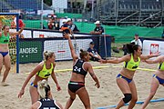 Deutsch: Beachhandball Europameisterschaften 2019 (Beach handball Euro); Tag 3: 4. Juli 2019 – Frauen, Hauptrunde Gruppe II, Ukraine-Italien 2:0 (20:16, 20:16) English: Beach handball Euro; Day 3: 4 July 2019 – Women Main Round Group II – Ukraine-Italy 2:0 (20:16, 20:16)