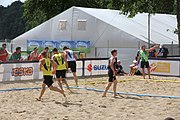 Deutsch: Beachhandball Europameisterschaften 2019 (Beach handball Euro); Tag 2: 3. Juli 2019 – Männer, Vorrunde Gruppe B, Russland-Dänemark 2:0 (22:16, 21:17) English: Beach handball Euro; Day 2: 3 July 2019 – Women Preliminary Round Group A – Men Preliminary Round Group B – Russia-Denmark 2:0 (22:16, 21:17)