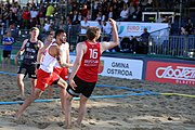 Deutsch: Beachhandball Europameisterschaften 2019 (Beach handball Euro); Tag 4: 5. Juli 2019 – Männer, Viertelfinale, Russland-Polen 2:0 (30:22, 19:18) English: Beach handball Euro; Day 4: 5 July 2019 – Quarter Final Men – Russia-Poland 2:0 (30:22, 19:18)