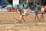 Deutsch: Beachhandball Europameisterschaften 2019 (Beach handball Euro); Tag 5: 6. Juli 2019 – Frauen, Halbfinale, Ungarn-Niederlande 2:0 (19:16, 15:12) English: Beach handball Euro; Day 5: 6 July 2019 – Semifinal Women – Hungary-Netherlands 2:0 (19:16, 15:12)