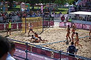 Deutsch: Beachhandball bei den Olympischen Jugendspielen 2018; Tag 3, 10. Oktober 2018; Mädchen, Vorrunde, Gruppe B - Niederlande-Argentinien 2:0 English: Beach handball at the 2018 Summer Youth Olympics at 10 October 2018 – Girls Preliminary Round Group B‎ – Netherlands-Argentina 2:0