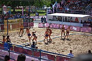 Deutsch: Beachhandball bei den Olympischen Jugendspielen 2018; Tag 3, 10. Oktober 2018; Mädchen, Vorrunde, Gruppe B - Niederlande-Argentinien 2:0 English: Beach handball at the 2018 Summer Youth Olympics at 10 October 2018 – Girls Preliminary Round Group B‎ – Netherlands-Argentina 2:0