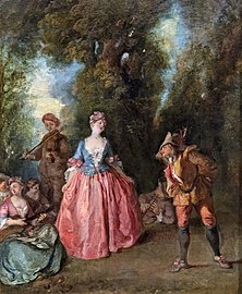 Fête galante représentant une dame dansant avec Pulcinella par Nicolas Lancret