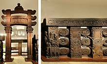 The gateways (left) were made by northern (probably Gandharan) masons using Kharosthi marks, while the railings (right) were made by masons using marks in the local Brahmi script. Bharhut gateways and railings.jpg