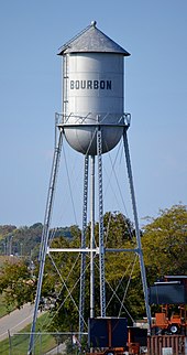 The historic water tower, no longer in use, is a landmark along Interstate 44. Bourbon Missouri Water Tower-20161016-3302.jpg