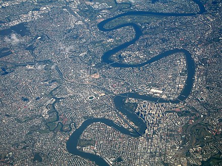 Aerial view of Brisbane and the Brisbane River.