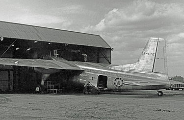 SAFE Bristol 170 series 31 in 1955 after rebuilding its fuselage with no windows. The badge near the door reads "NZR Rail Air" Bristol 170.31 ZK-AYG SAFE BLA 09.04.55 edited-2.jpg