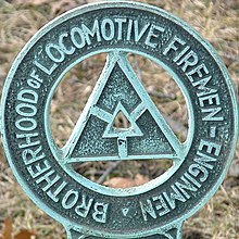 Grave marker for Brotherhood members. Brotherhood of Locomotive Firemen and Enginemen grave marker.jpg