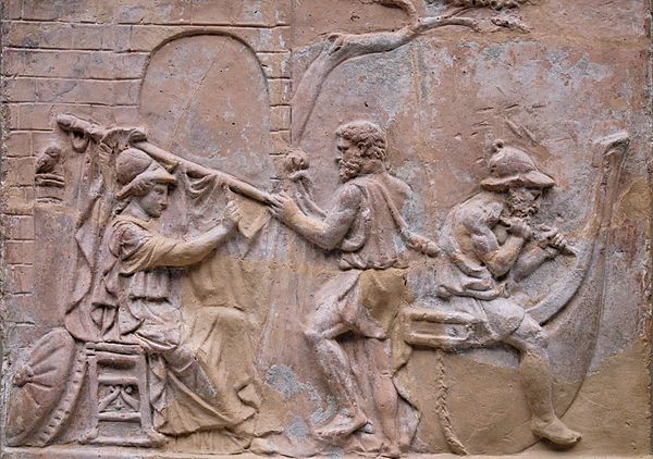 Roman terracotta relief of Athena (left) with Argus (right) and Tiphys building the Argo (British Museum)