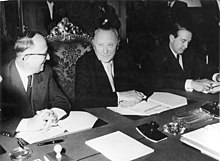 Walter Hallstein, Konrad Adenauer and Herbert Blankenhorn sitting at a conference table