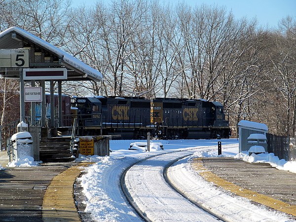 A CSX freight train at Readville station