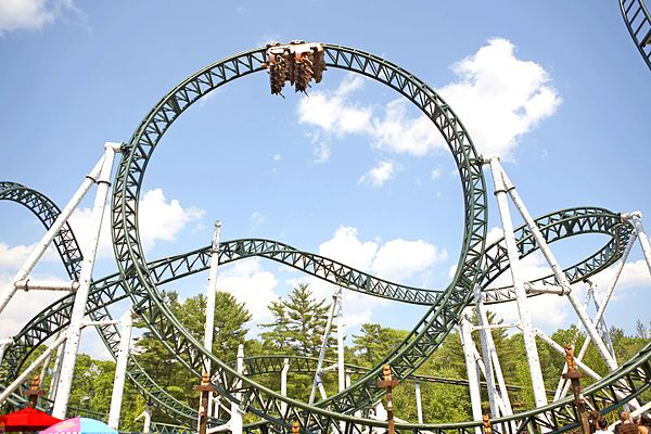 One of Untamed's coaster cars, mid-loop