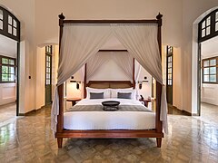 Hemelbed in het luxehotel Amantaka te Luang Prabang, de hoofdstad van de gelijknamige Loatische provincie