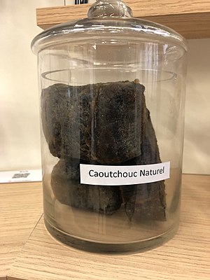 Photo of pieces of natural rubber in a glass jar.