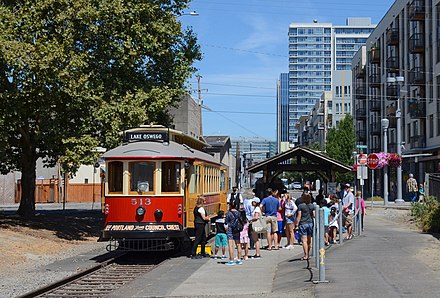 Car 513 at the Bancroft Street terminus in Portland.  Service was reextended to here in July 2017, after a seven-year absence.