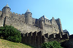 Een muur in middeleeuwse kasteelstijl staat op een zware helling naast de flora.