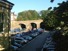 Car parking at Chatham railway station, the Maidstone Road bridge and the portal to the Chatham Tunnel