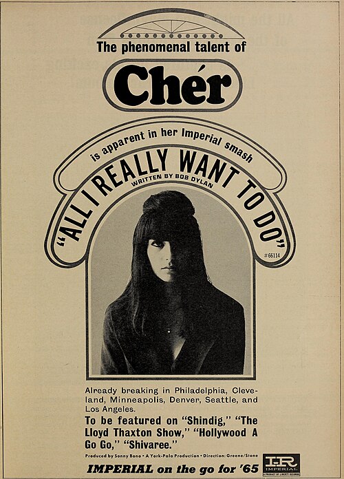 Advertisement for Cher's second single, "All I Really Want to Do", featured in Cashbox, June 26, 1965