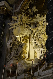 Sculpture of Saint Augustine and the Virgin Mary in the church of the Madonna della Consolazione in Genoa, Italy.