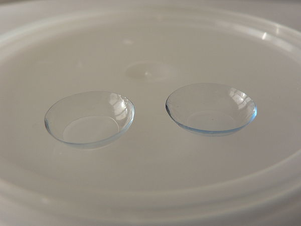 A pair of contact lenses, positioned with the concave side facing upward