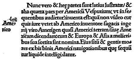 That part of the page of the 1507 (September) edition of the Cosmographiae Introductio in which the name of America is proposed for the New World. From Narrative and critical history of America, Volume 2 by Justin Winsor. Cosmographiae Introductio America Reference.jpg