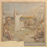 Design for Willibrord Preaching to the Frisians. Between 1875 and 1885 date QS:P,+1850-00-00T00:00:00Z/7,P1319,+1875-00-00T00:00:00Z/9,P1326,+1885-00-00T00:00:00Z/9 . tempera on paper mounted on cardboard (?). 91 × 95 cm (35.8 × 37.4 in). Roermond, Cuypershuis.