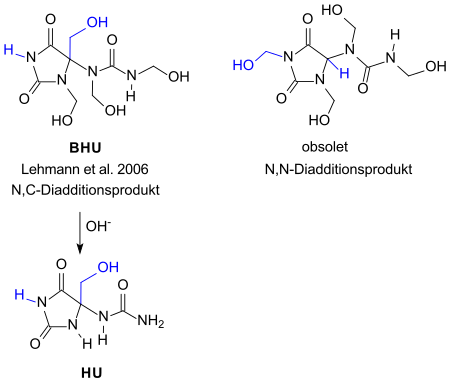 Strukturformeln für Diazolidinylharnstoff und Abbauprodukt