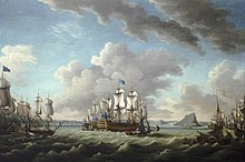 Relief of Gibraltar by Earl Howe, 11 October 1782, by Richard Paton. Howe's HMS Victory (centre) enters Gibraltar--the Franco-Spanish fleet are anchored in Bay of Gibraltar Escadre de Richard Howe en vue de Gibraltar 1782.jpg