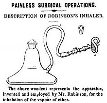 Diagram of a flask connected to a tube with a mouthpiece, labelled "Painless surgical operations: Description of Robinson's inhaler".