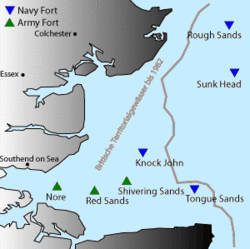 The locations of the seven Maunsell Forts off the east coast of England with HM Fort Roughs top right. Fortlocations.gif