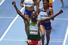 Francine Niyonsaba triumphs in the 800 m at the World Indoor Championships held in Birmingham. Francine Niyonsaba Birmingham 2018.jpg