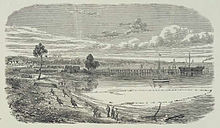 Frankston Beach in 1873, with the pier and village in the background.