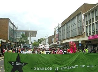 The No Border Network refers to loose associations of autonomous organisations, groups, and individuals in Western Europe, Central Europe, Eastern Europe and beyond. They support freedom of movement and resist human migration control by coordinating international border camps, demonstrations, direct actions, and anti-deportation campaigns.