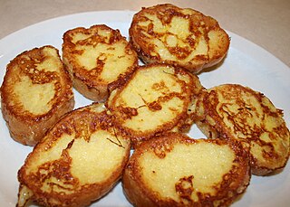 French toast Bread soaked in eggs and typically milk, then pan fried