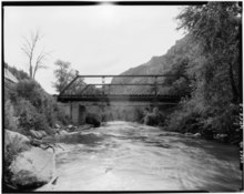 East at the Fairmont Bridge over the Ogden River in Ogden Canyon GENERAL VIEW SHOWING BRIDGE IN ITS ENVIRONMENTAL SETTING, LOOKING EAST - Fairmont Bridge, Spanning Ogden River in Ogden Canyon, Ogden, Weber County, UT HAER UTAH,29-OGCA,1-2.tif