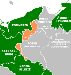 De Grensmark Posen-West-Pruisen (oranje) - locatie in de oude provincies Posen en West-Pruisen