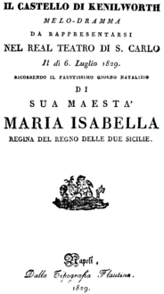 Gaetano Donizetti - Il castello di Kenilworth - title page of the libretto - Naples 1829.png