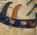 Ano 1175. Fragmento do Beato de Manchester.[365] Represéntase Gallecia no noroeste da península ibérica con Asturias ao seu carón.
