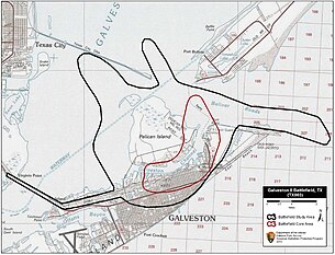 Map of Galveston Battlefield core and study areas by the American Battlefield Protection Program. Galveston 1863 Battlefield Texas.jpg