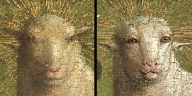 Closeup of the restored Adoration of the Mystic Lamb. The face of the Lamb was painted over with a more animal-like appearance (left). The originally 