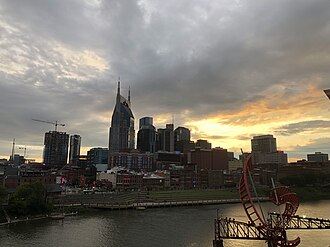 Nashville's skyline and Cumberland River as seen from Ghost Ballet, August 2019 Ghost Ballet with Broadway Background.jpg