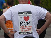 A participant on the Great Manchester Run displays an "I Love Manchester" sign on his clothing. Great Manchester Run, 28 May 2017 (24).JPG
