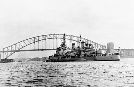 Belfast at anchor in Sydney Harbour, August 1945.