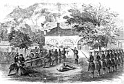 sketch of two columns of Marines watching the brick armory building at Harpers Ferry with bayonets mounted
