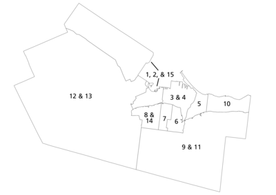 Municipal wards for the election of trustees to the Hamilton-Wentworth Catholic District School Board Hamilton Ward Map - HWCDSB.png