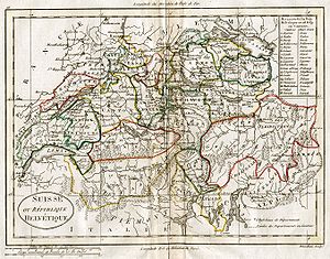 «Suisse ou République Helvétique» Nouveau découpage territorial de la République helvétique (1798-1803) colorié sur une ancienne carte de la Suisse. Par William Guthrie.